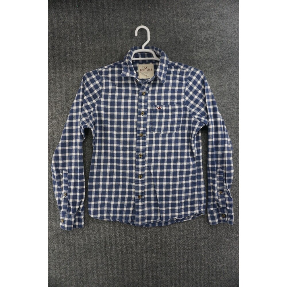 Holister Flannel Shirt Mens Medium Blue White Plaid Button Up Long Sleeve